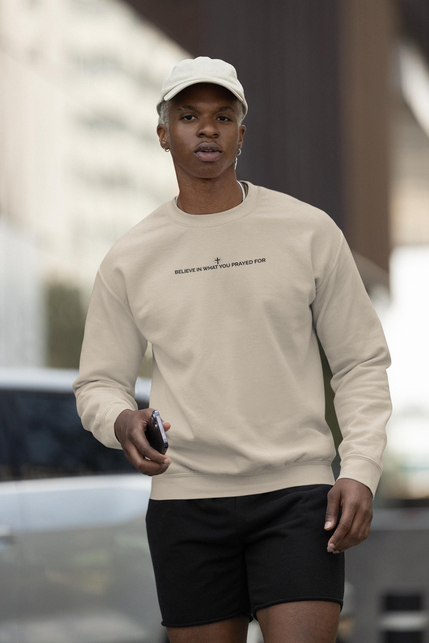 Unisex “Believe In What You Prayed For” Minimalist Sweatshirt – Faith Quote Streetwear Crewneck