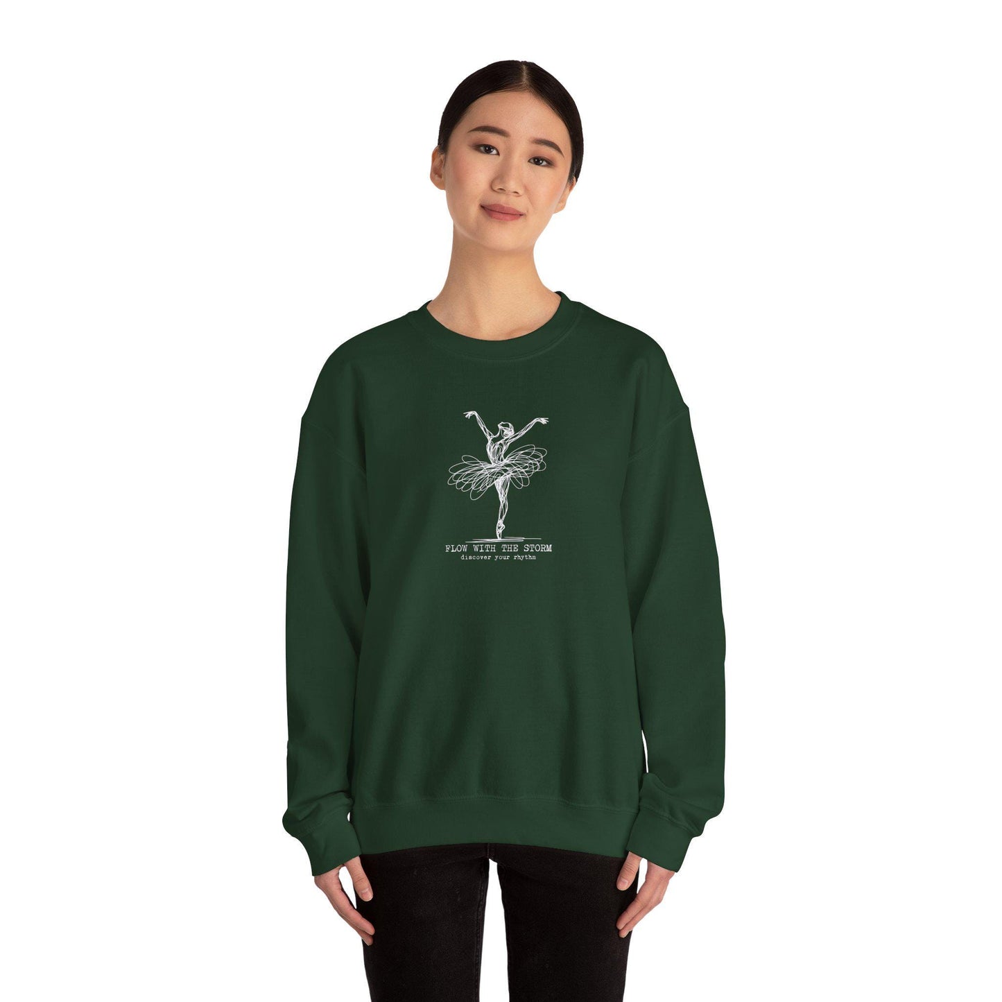 Ballerina Line Art Crewneck Sweatshirt – “Flow With The Storm” Unisex Fleece