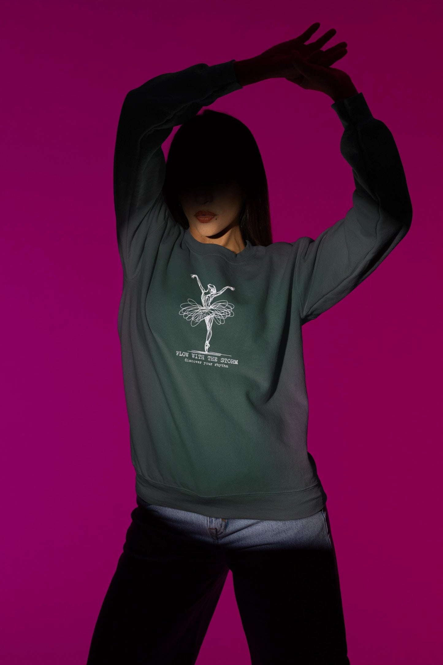 Ballerina Line Art Crewneck Sweatshirt – “Flow With The Storm” Unisex Fleece
