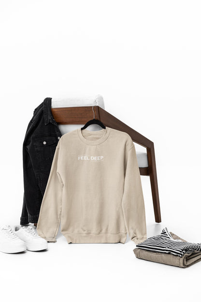 Unisex “FEEL DEEP” Minimalist Quote Sweatshirt – Aesthetic Streetwear Crewneck Pullover