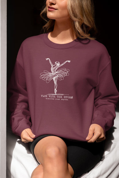 Ballerina Line Art Crewneck Sweatshirt – “Flow With The Storm” Unisex Fleece