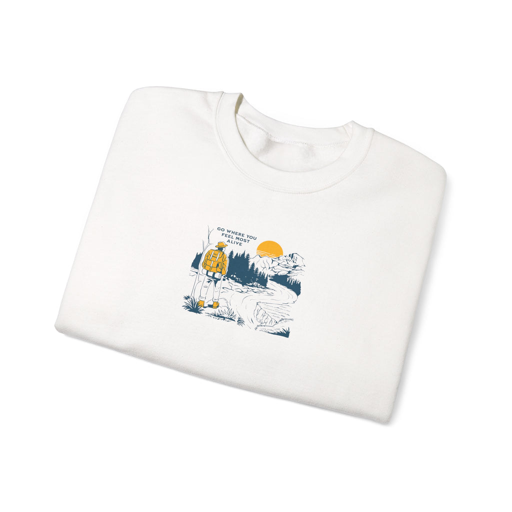 Unisex Hiking Adventure Sweatshirt – “Go Where You Feel Most Alive” Mountain Graphic Crewneck