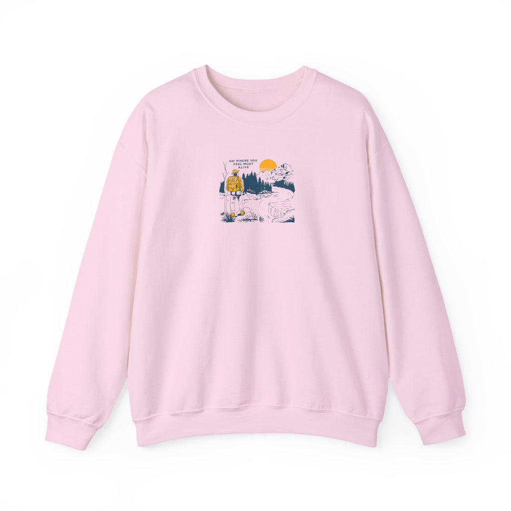 Unisex Hiking Adventure Sweatshirt – “Go Where You Feel Most Alive” Mountain Graphic Crewneck
