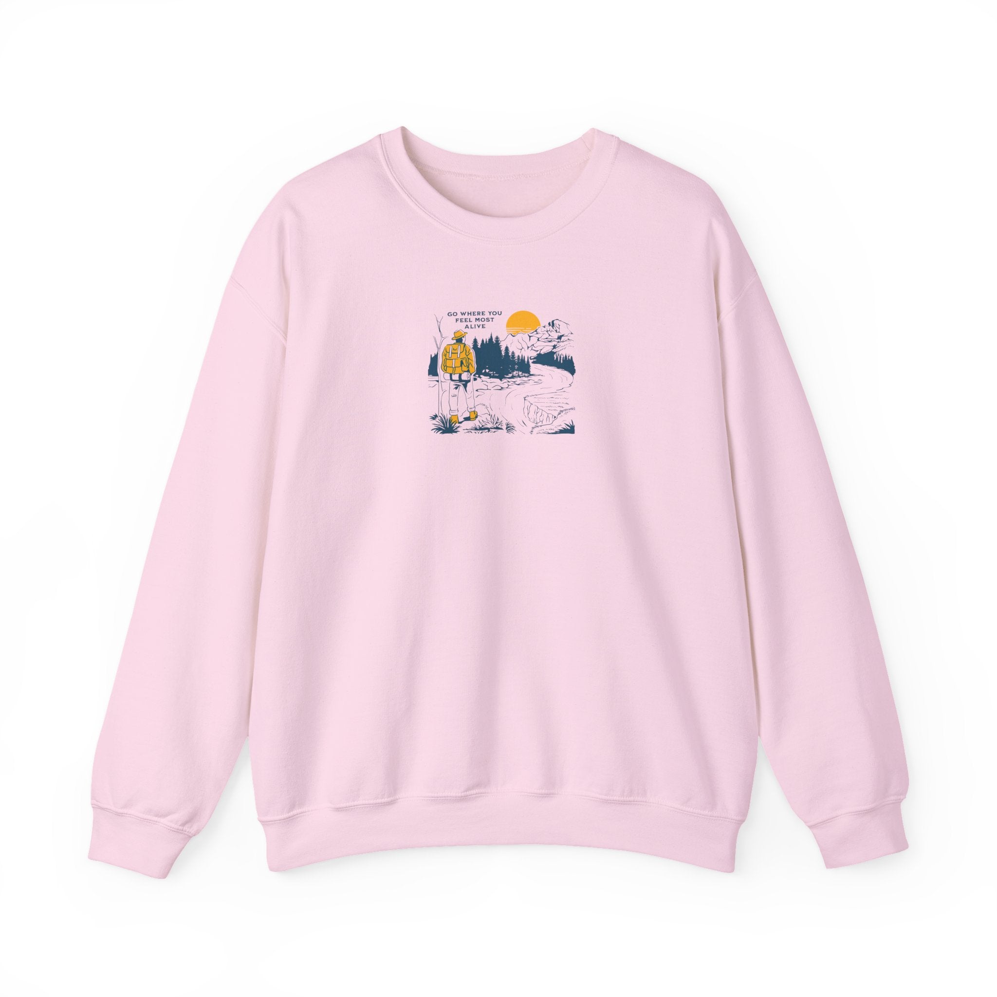 Unisex Hiking Adventure Sweatshirt – “Go Where You Feel Most Alive” Mountain Graphic Crewneck