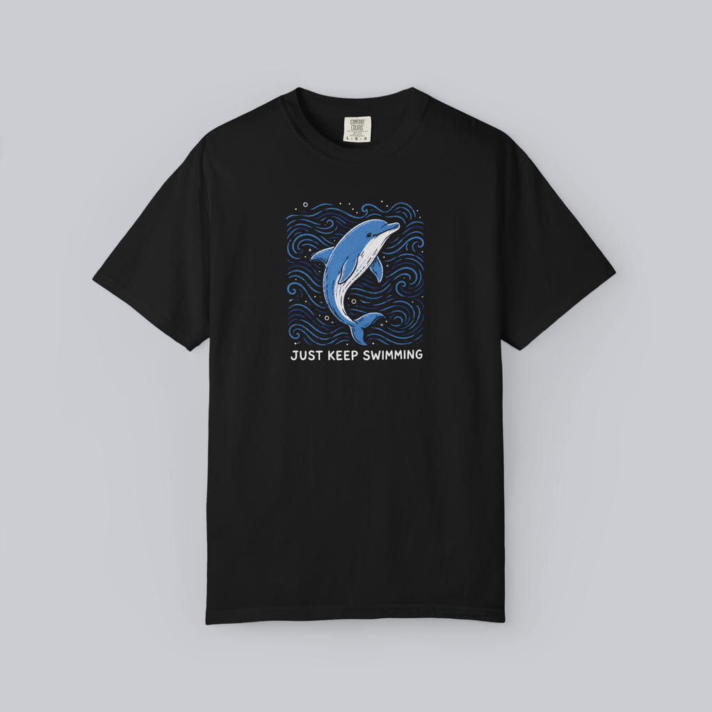 Black Comfort Colors 1717 t-shirt with blue dolphin Just Keep Swimming graphic print