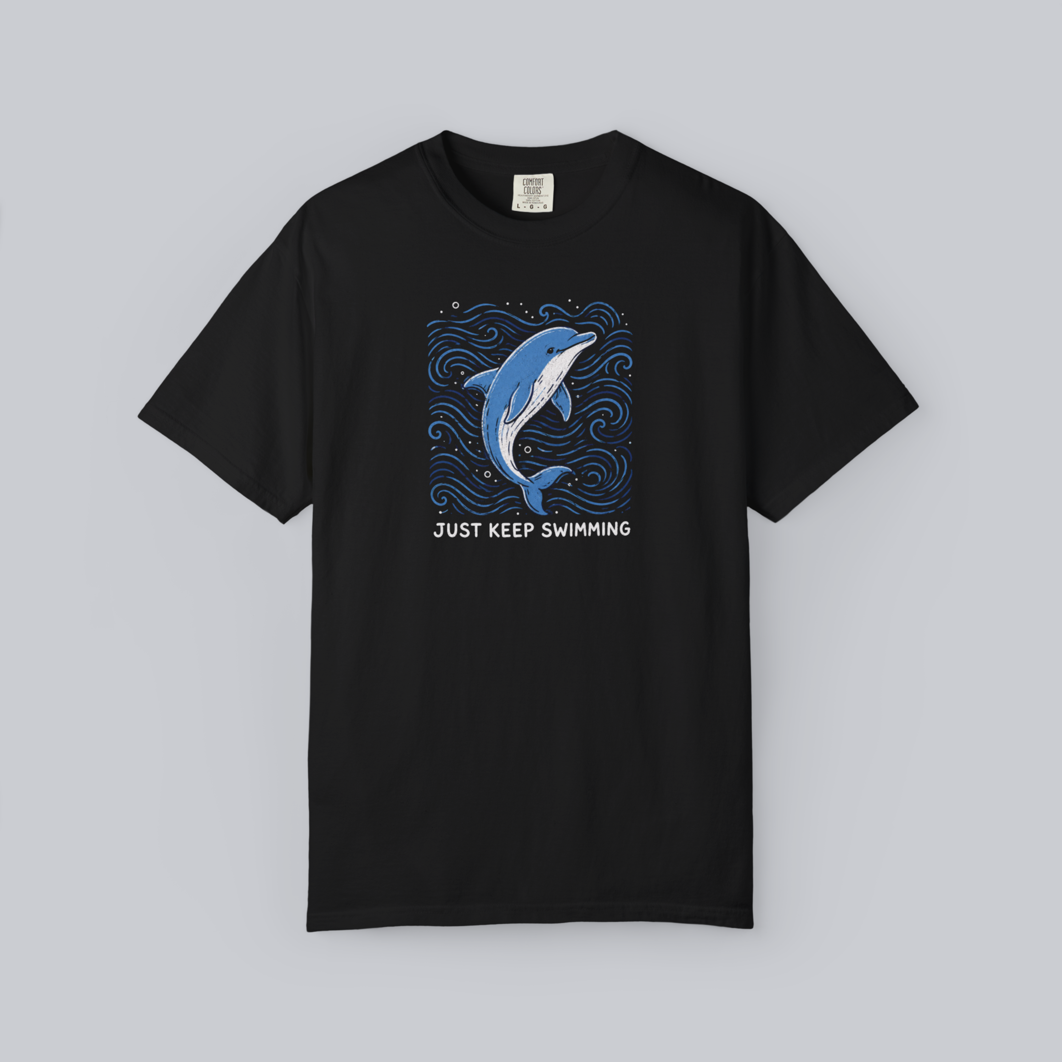 Black Comfort Colors 1717 t-shirt with blue dolphin Just Keep Swimming graphic print