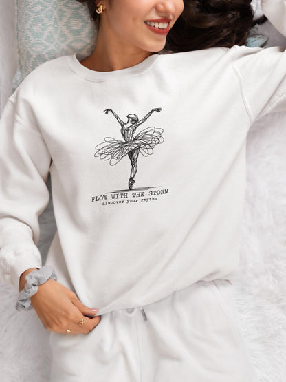 Ballerina Line Art Crewneck Sweatshirt – “Flow With The Storm” Unisex Fleece