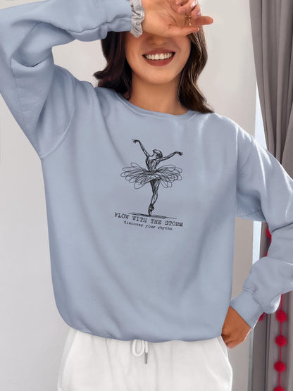 Ballerina Line Art Crewneck Sweatshirt – “Flow With The Storm” Unisex Fleece