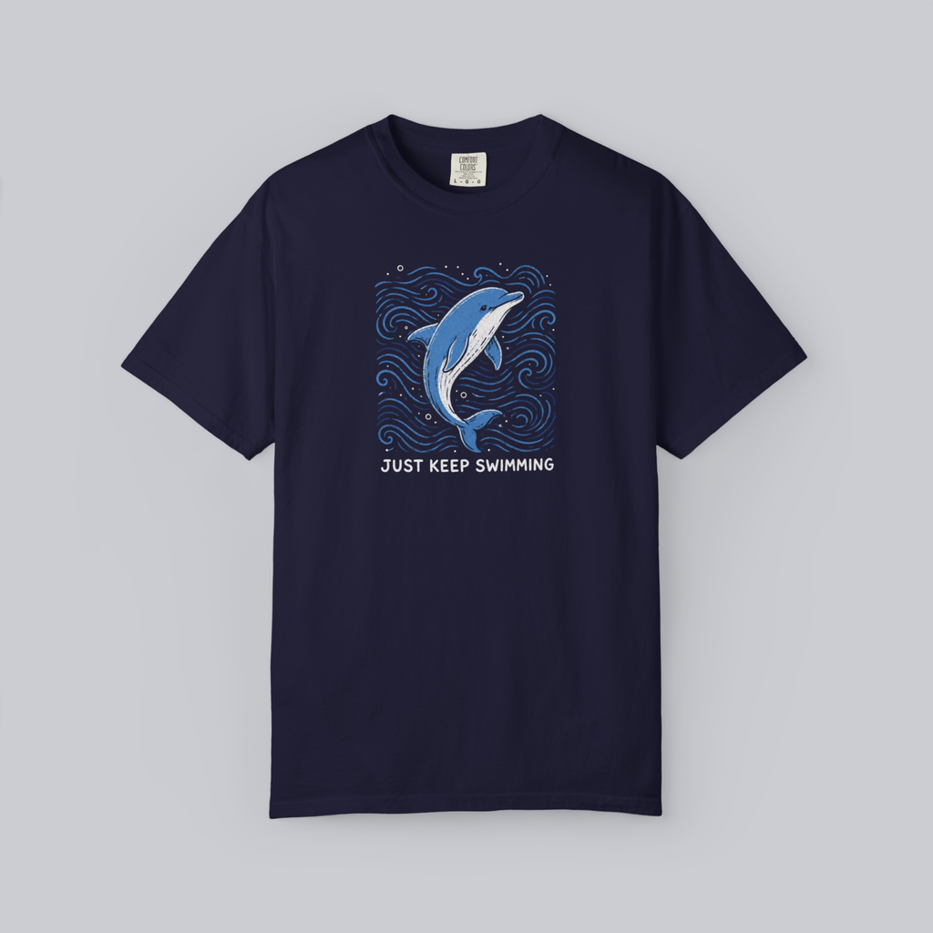 true  Navy Comfort Colors 1717 t-shirt with blue dolphin Just Keep Swimming graphic print