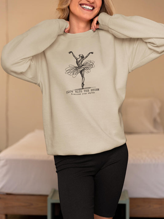 Ballerina Line Art Crewneck Sweatshirt – “Flow With The Storm” Unisex Fleece