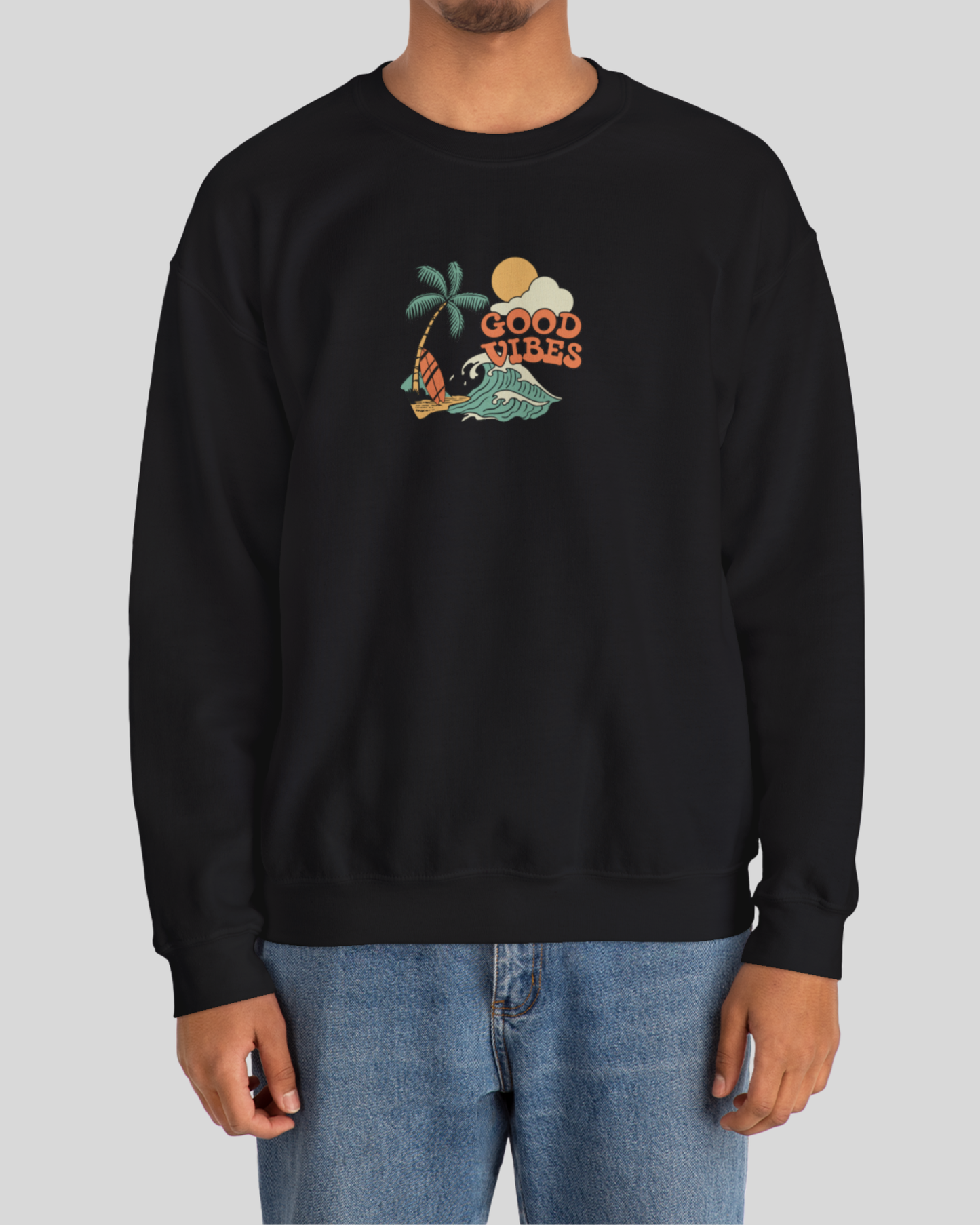 Good Vibes Surf Sweatshirt – Retro Palm Tree Wave Unisex Crewneck