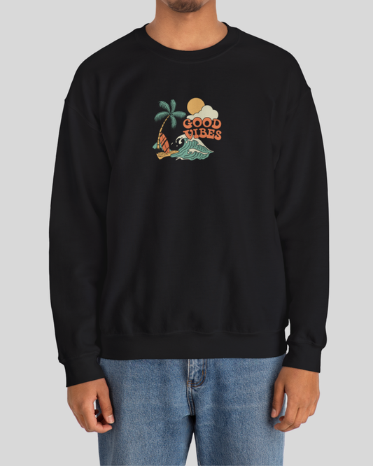 Good Vibes Surf Sweatshirt – Retro Palm Tree Wave Unisex Crewneck