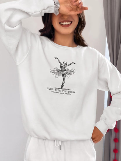 Ballerina Line Art Crewneck Sweatshirt – “Flow With The Storm” Unisex Fleece