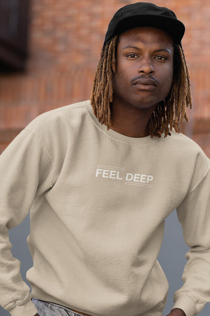Unisex “FEEL DEEP” Minimalist Quote Sweatshirt – Aesthetic Streetwear Crewneck Pullover