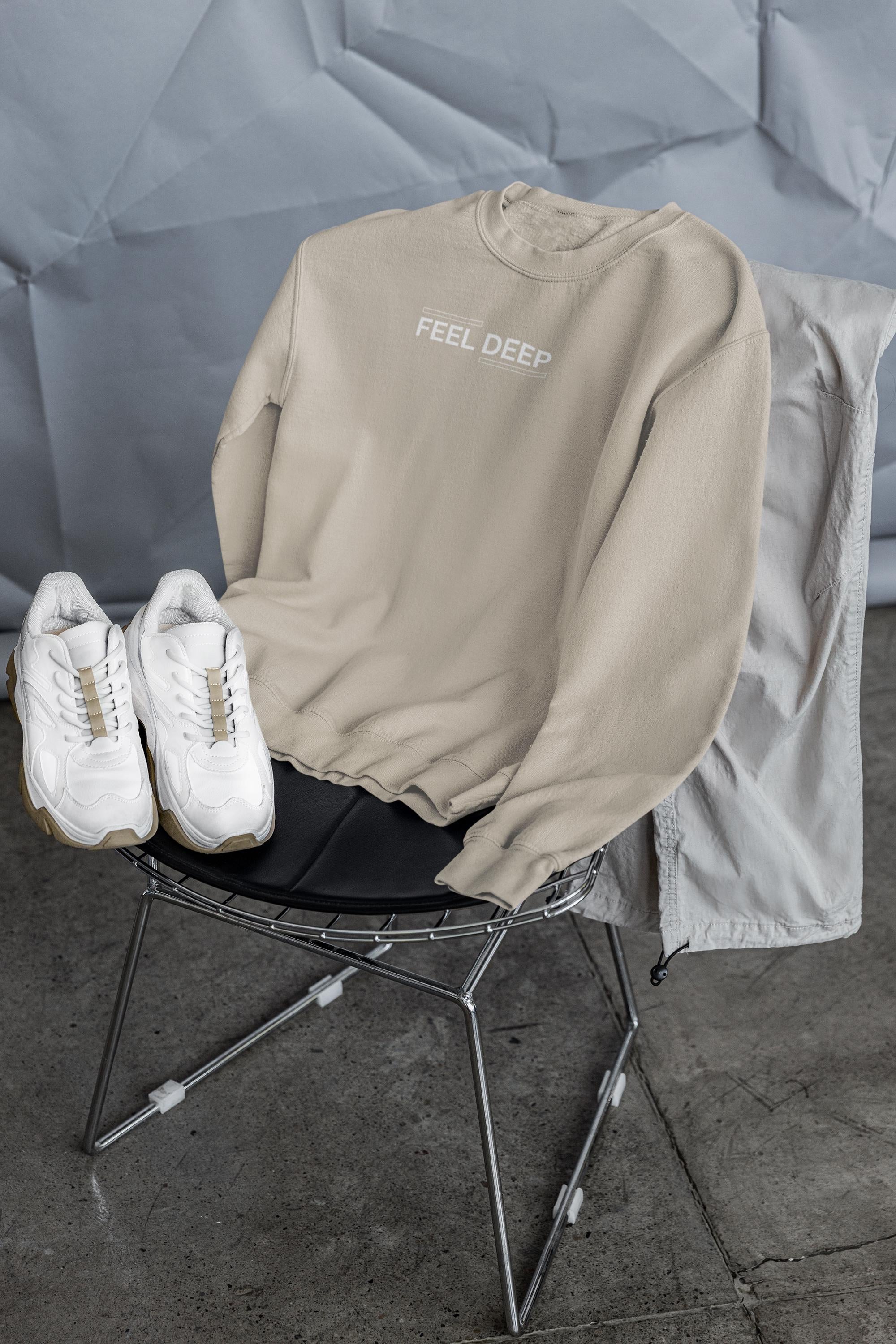 Unisex “FEEL DEEP” Minimalist Quote Sweatshirt – Aesthetic Streetwear Crewneck Pullover
