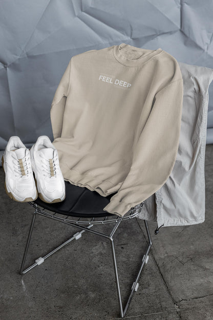 Unisex “FEEL DEEP” Minimalist Quote Sweatshirt – Aesthetic Streetwear Crewneck Pullover
