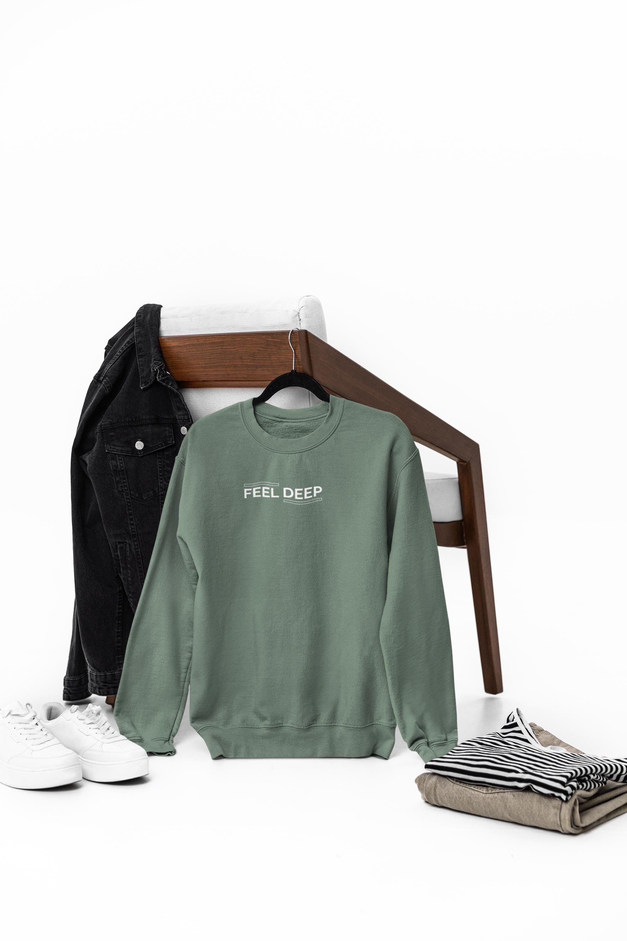 Unisex “FEEL DEEP” Minimalist Quote Sweatshirt – Aesthetic Streetwear Crewneck Pullover