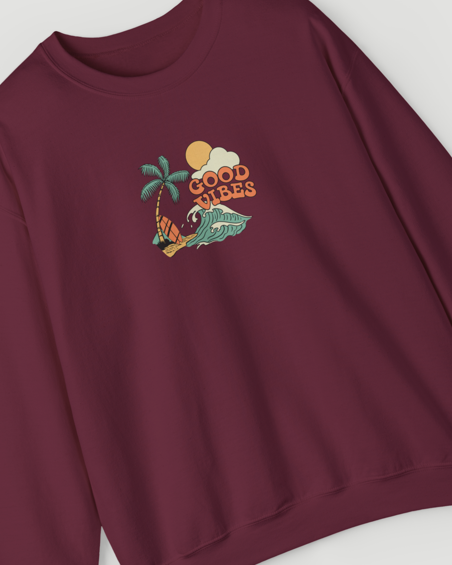 Good Vibes Surf Sweatshirt – Retro Palm Tree Wave Unisex Crewneck