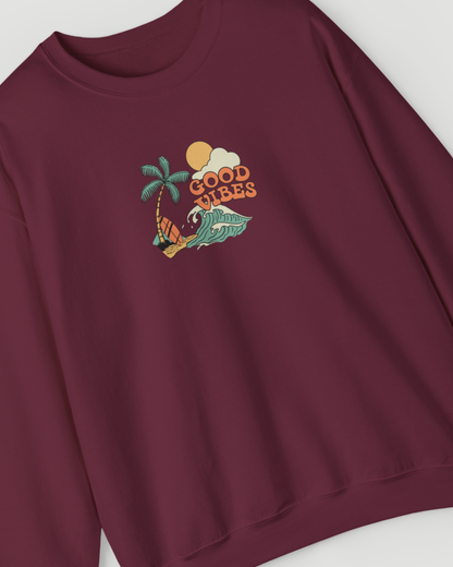 Good Vibes Surf Sweatshirt – Retro Palm Tree Wave Unisex Crewneck