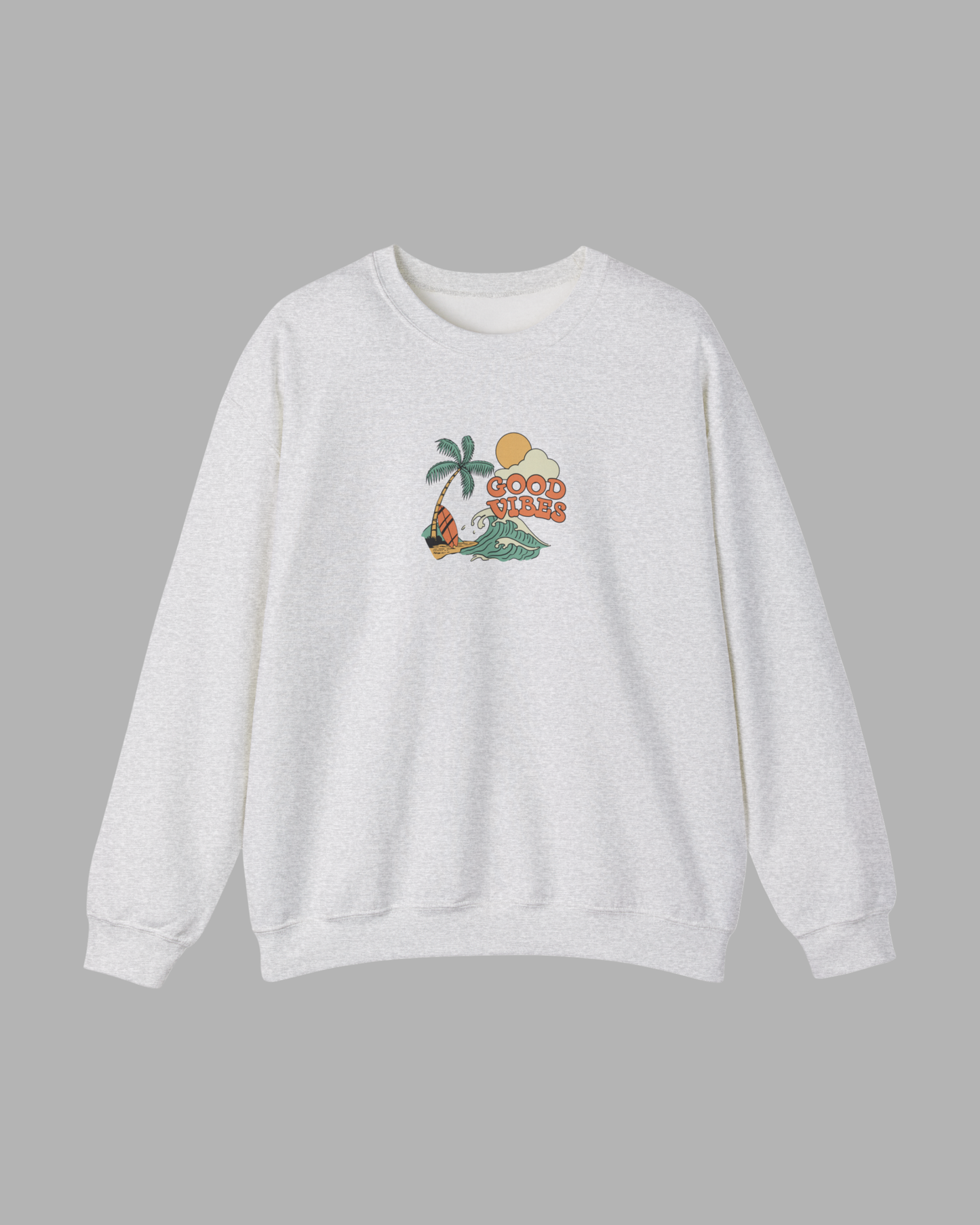 Good Vibes Surf Sweatshirt – Retro Palm Tree Wave Unisex Crewneck