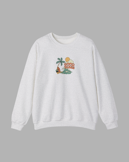 Good Vibes Surf Sweatshirt – Retro Palm Tree Wave Unisex Crewneck