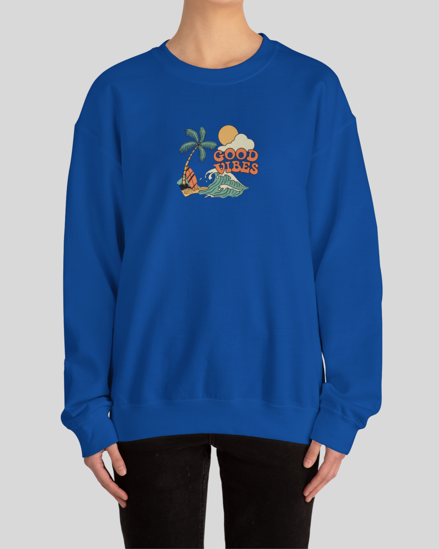 Good Vibes Surf Sweatshirt – Retro Palm Tree Wave Unisex Crewneck
