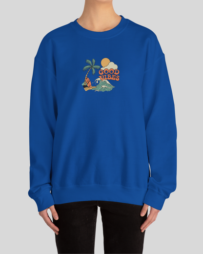 Good Vibes Surf Sweatshirt – Retro Palm Tree Wave Unisex Crewneck