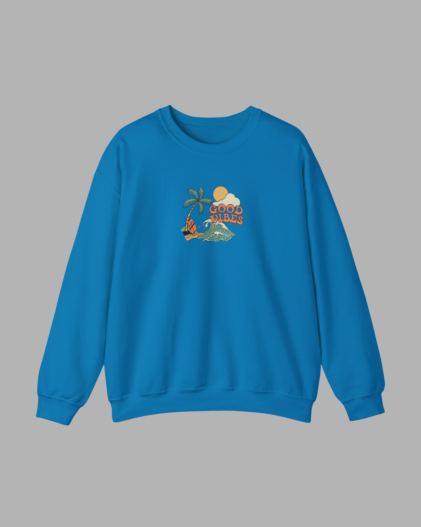 Good Vibes Surf Sweatshirt – Retro Palm Tree Wave Unisex Crewneck