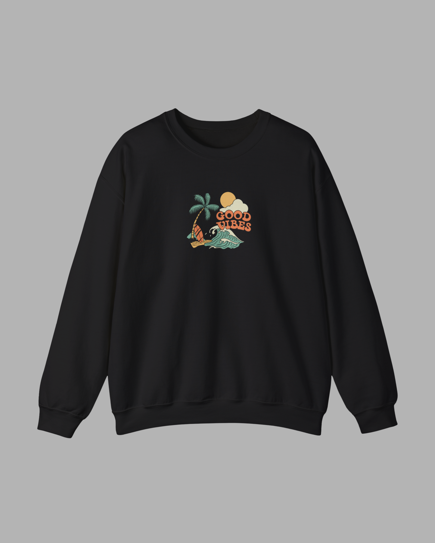 Good Vibes Surf Sweatshirt – Retro Palm Tree Wave Unisex Crewneck