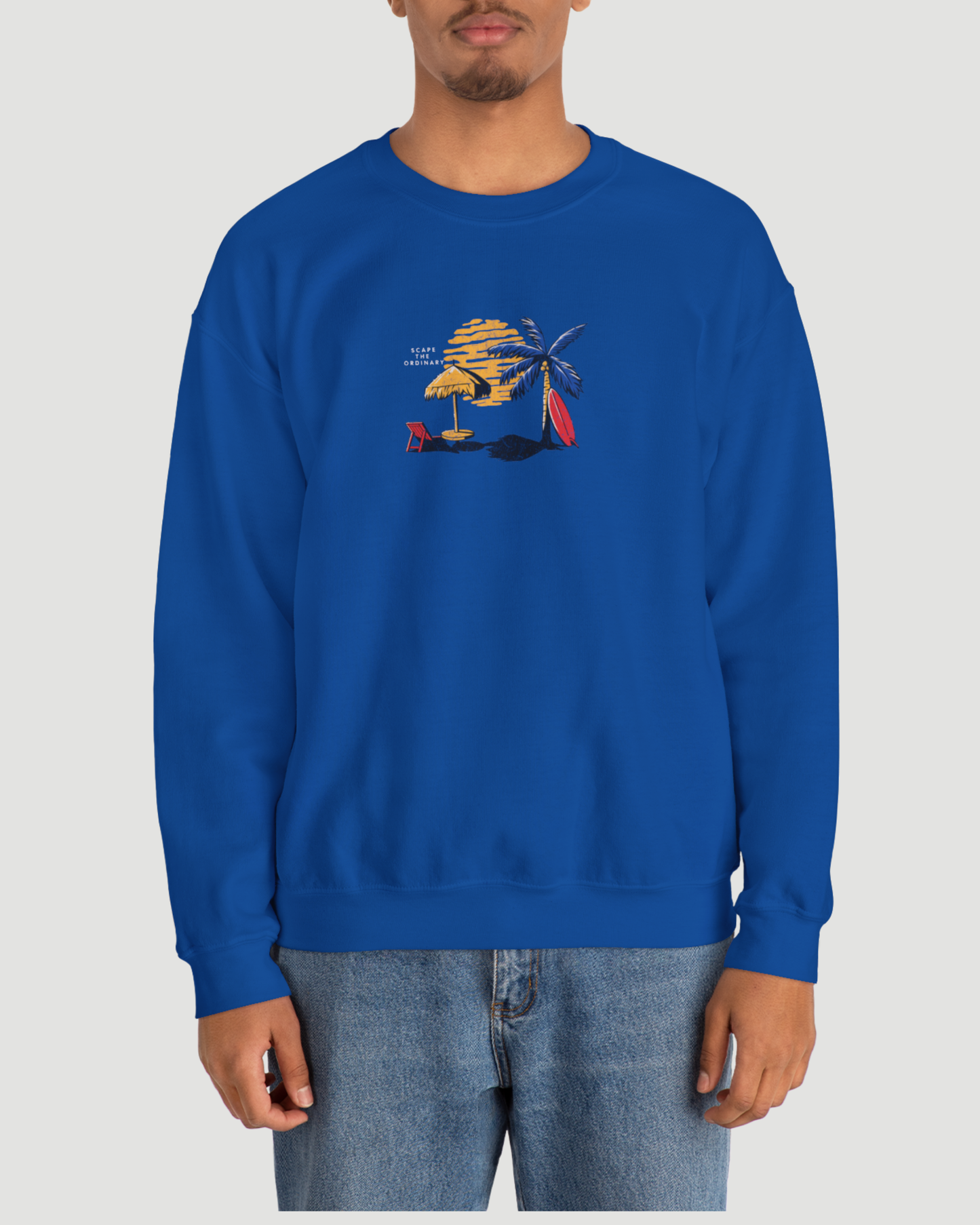 Escape the Ordinary Surf Sweatshirt – Retro Sunset Palm Tree Unisex Crewneck