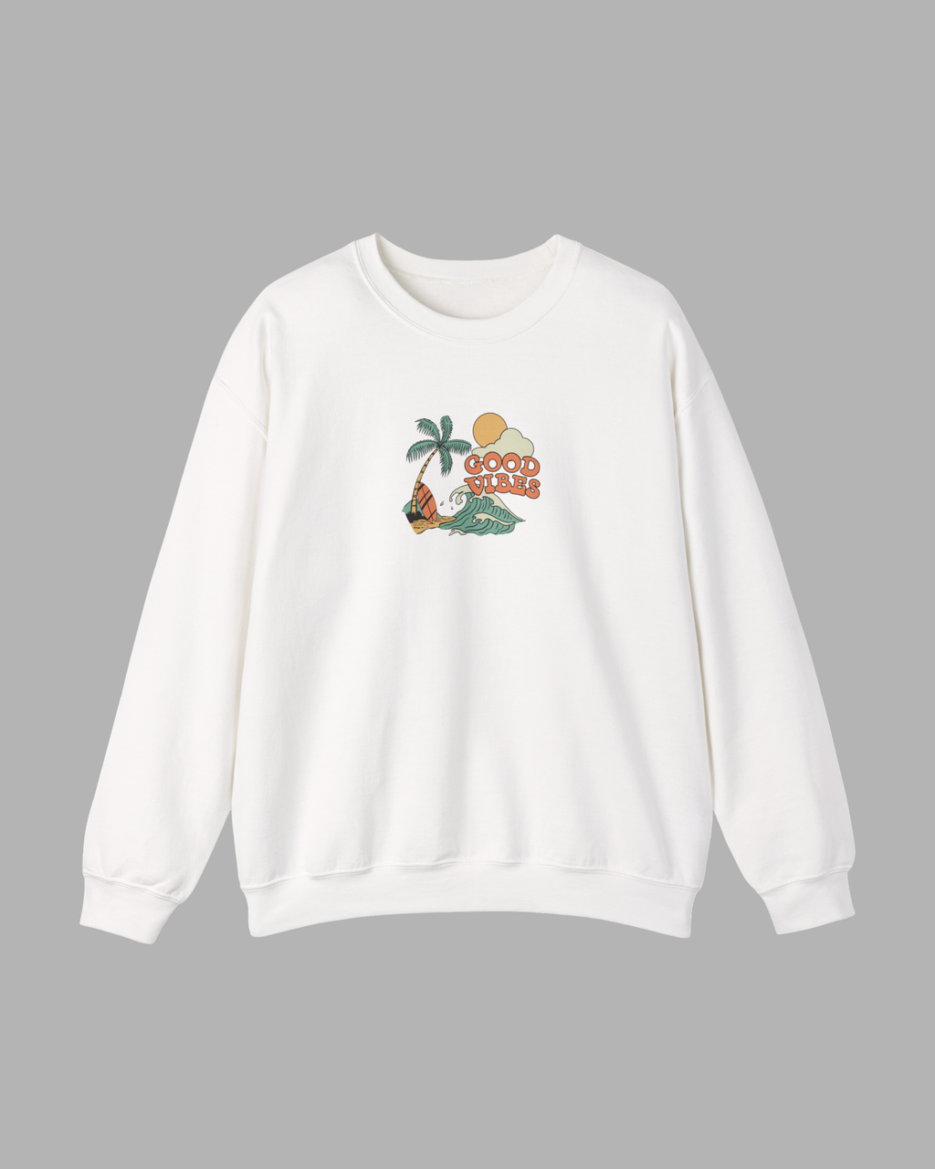 Good Vibes Surf Sweatshirt – Retro Palm Tree Wave Unisex Crewneck
