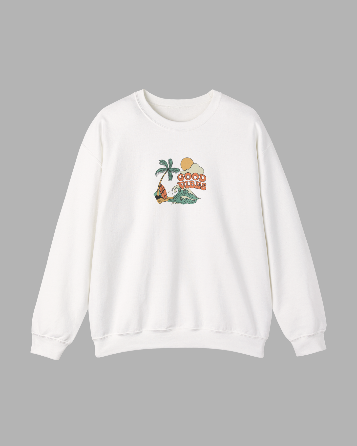 Good Vibes Surf Sweatshirt – Retro Palm Tree Wave Unisex Crewneck