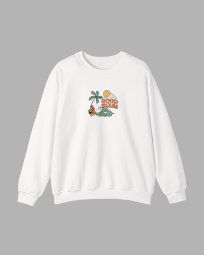 Good Vibes Surf Sweatshirt – Retro Palm Tree Wave Unisex Crewneck