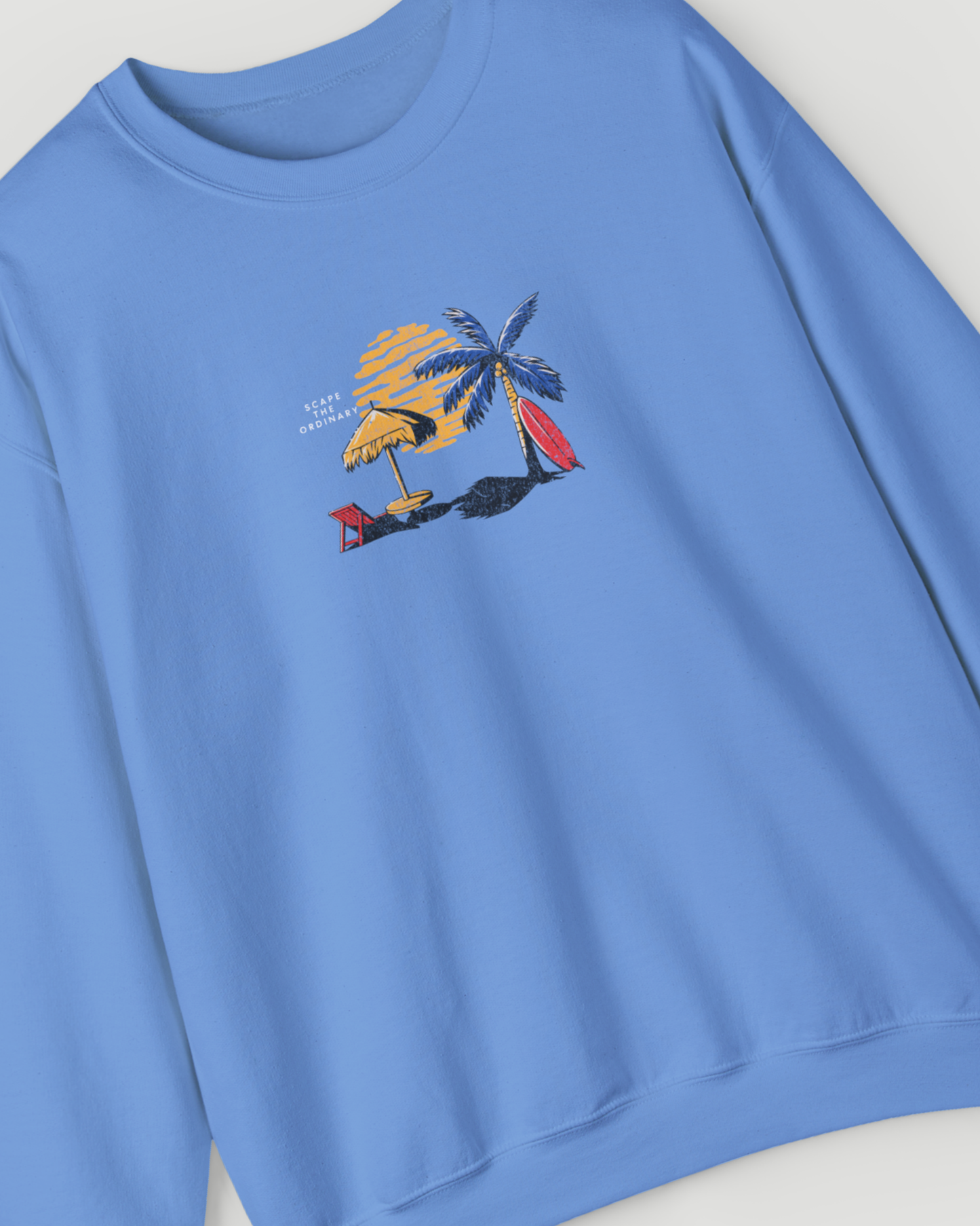 Escape the Ordinary Surf Sweatshirt – Retro Sunset Palm Tree Unisex Crewneck