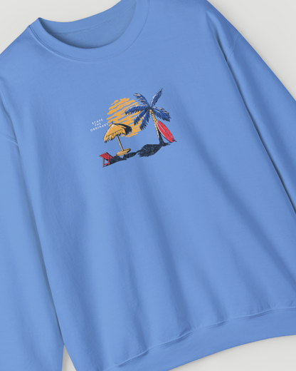 Escape the Ordinary Surf Sweatshirt – Retro Sunset Palm Tree Unisex Crewneck