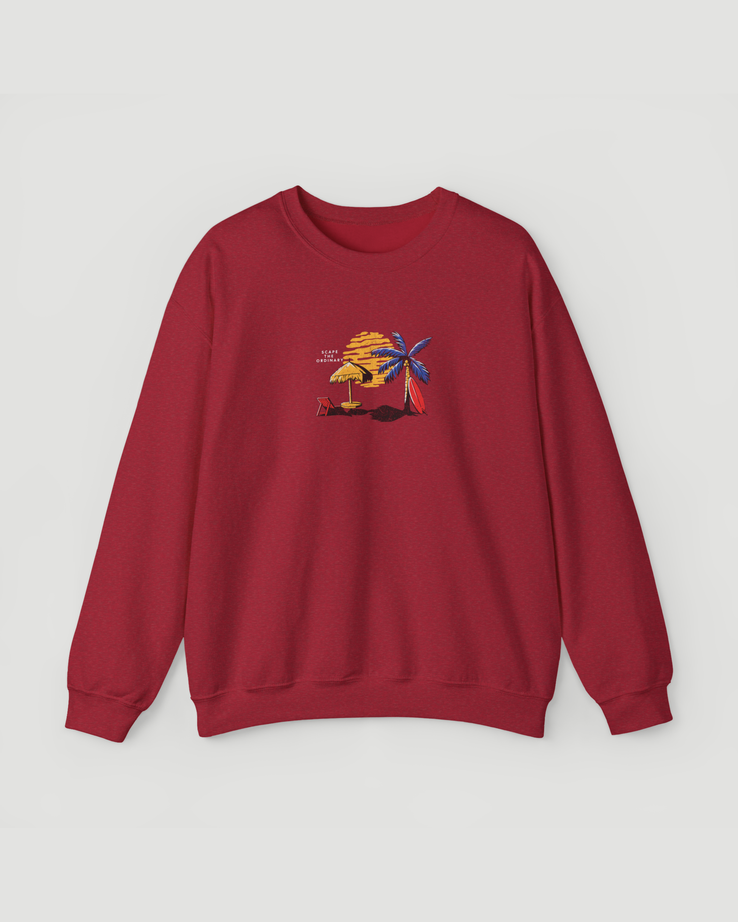 Escape the Ordinary Surf Sweatshirt – Retro Sunset Palm Tree Unisex Crewneck