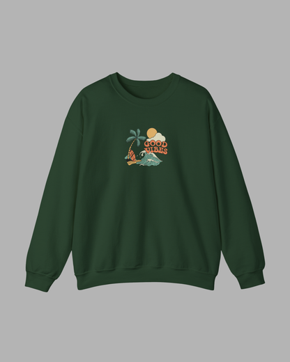 Good Vibes Surf Sweatshirt – Retro Palm Tree Wave Unisex Crewneck